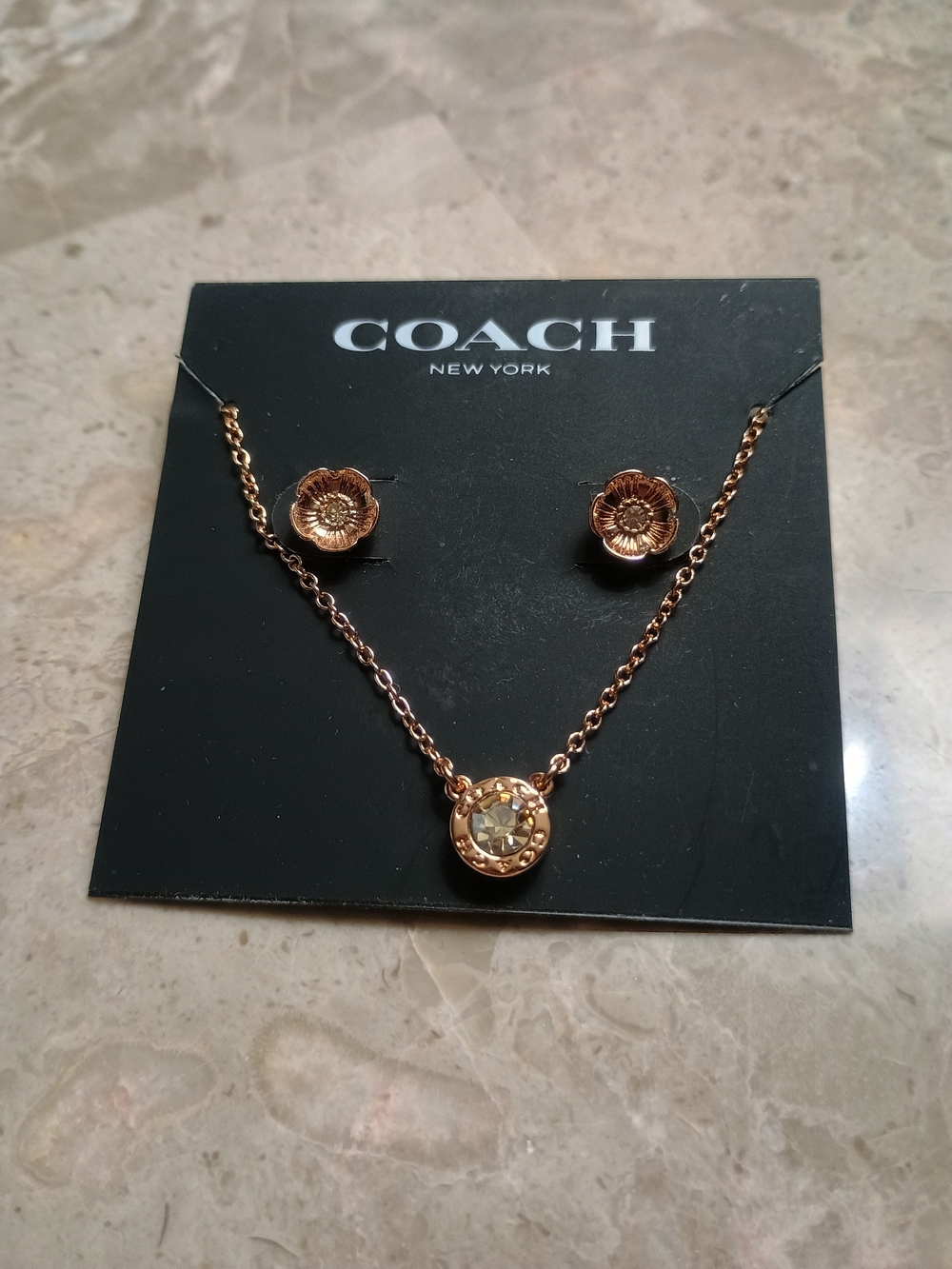 Coach Rose Gold Floral Pendant Necklace with Matching Flower Studs